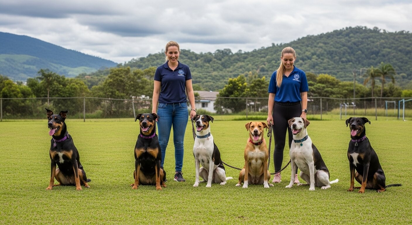 Perro aprendiendo nuevos comandos con adiestrador