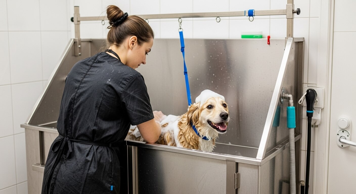Perro disfrutando de un baño relajante en peluquería
